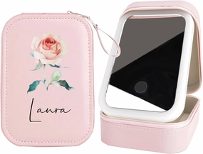 Personalized Custom Travel Case for Makeup Storage, Waterproof Leather Organizer With Led Mirror, Gifts for Her or Mom and Daughter