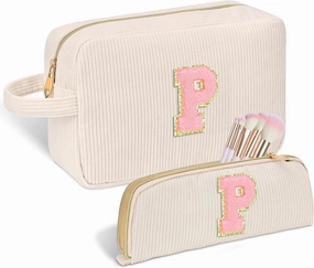 Personalized Initial Cute Makeup Bag Trendy Stuff Beige Cosmetic Bag Travel Toiletry Bag, Mother's Day/Birthday/Graduation Gifts for Women, Mom, Girlfriend, Wife Makeup Organizer Case for Girls - P