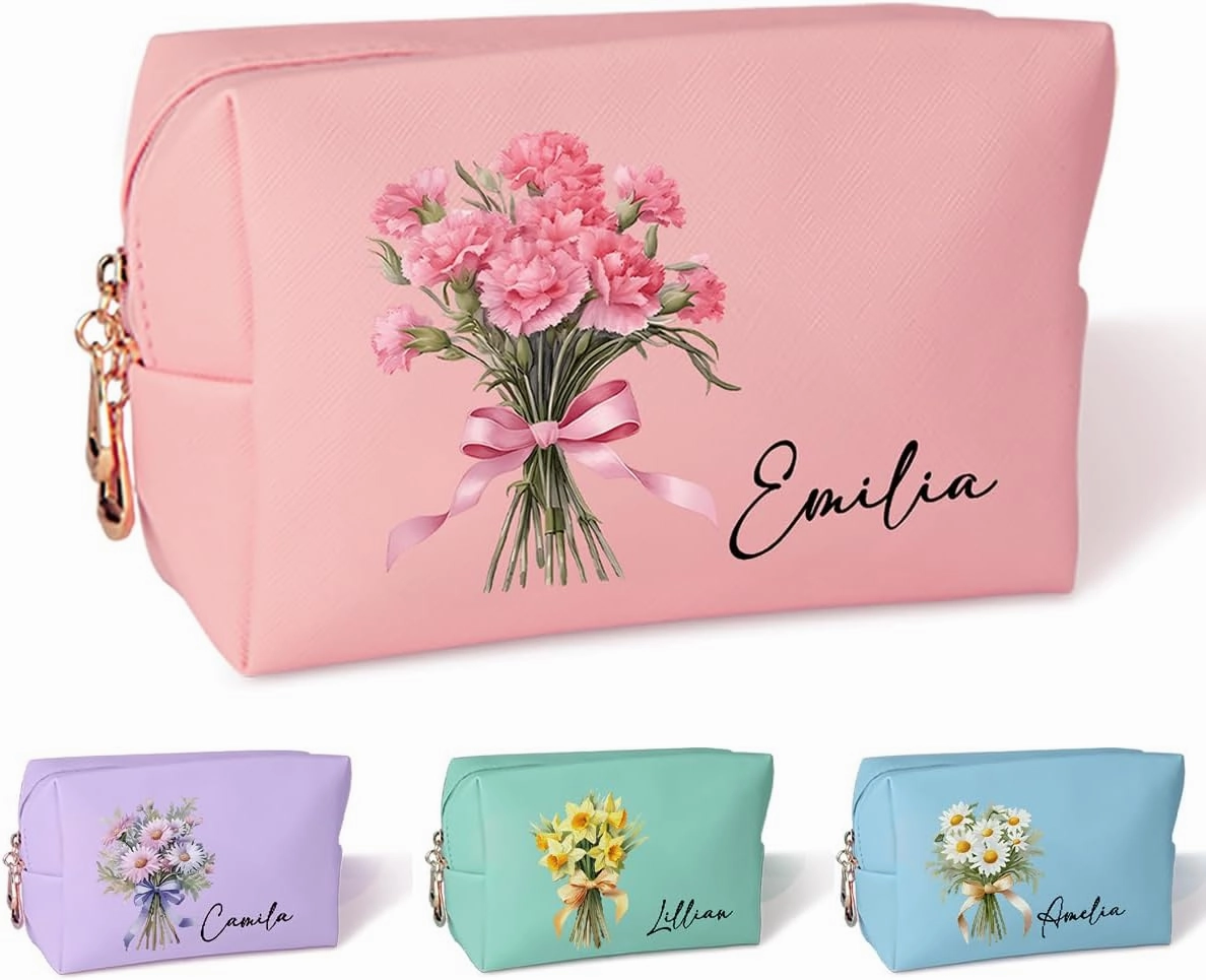 Personalized Makeup Bags for Women Custom Name Birth Flower Bouquet Cosmetic Bag for Women Travel Makeup Bag Small Birth Month Flower Pouch Bags for Women PU Leather Makeup Bag Toiletry Bag