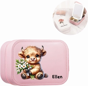 Personalized Portable Leather Jewelry Box with Name and LED Three-color Adjustable Makeup Mirror Travel Essential Birthday Gift for Women