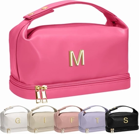 Personalized Teacher Gifts, Personalized Makeup Bag with Handle, Initial Double Layer Cosmetic Bag with Makeup Brush Organizer, Cute Cosmetic Pouch for Women, Gifts for Friends Female Mom