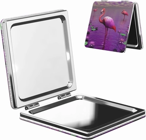 Pink Flamingos Among Water Lilies Women Small Pocket Makeup Mirror Compact Portable Folding Handheld Makeup Mirror