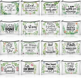 Pinkunn 16 Pcs Canvas Cosmetic Bag Bulk Inspirational Quotes Makeup Bags with Zipper Encouragement Travel Toiletry Pouch Appreciation Gift for Father's Day Graduation Summer Wedding(Bible Leaves)