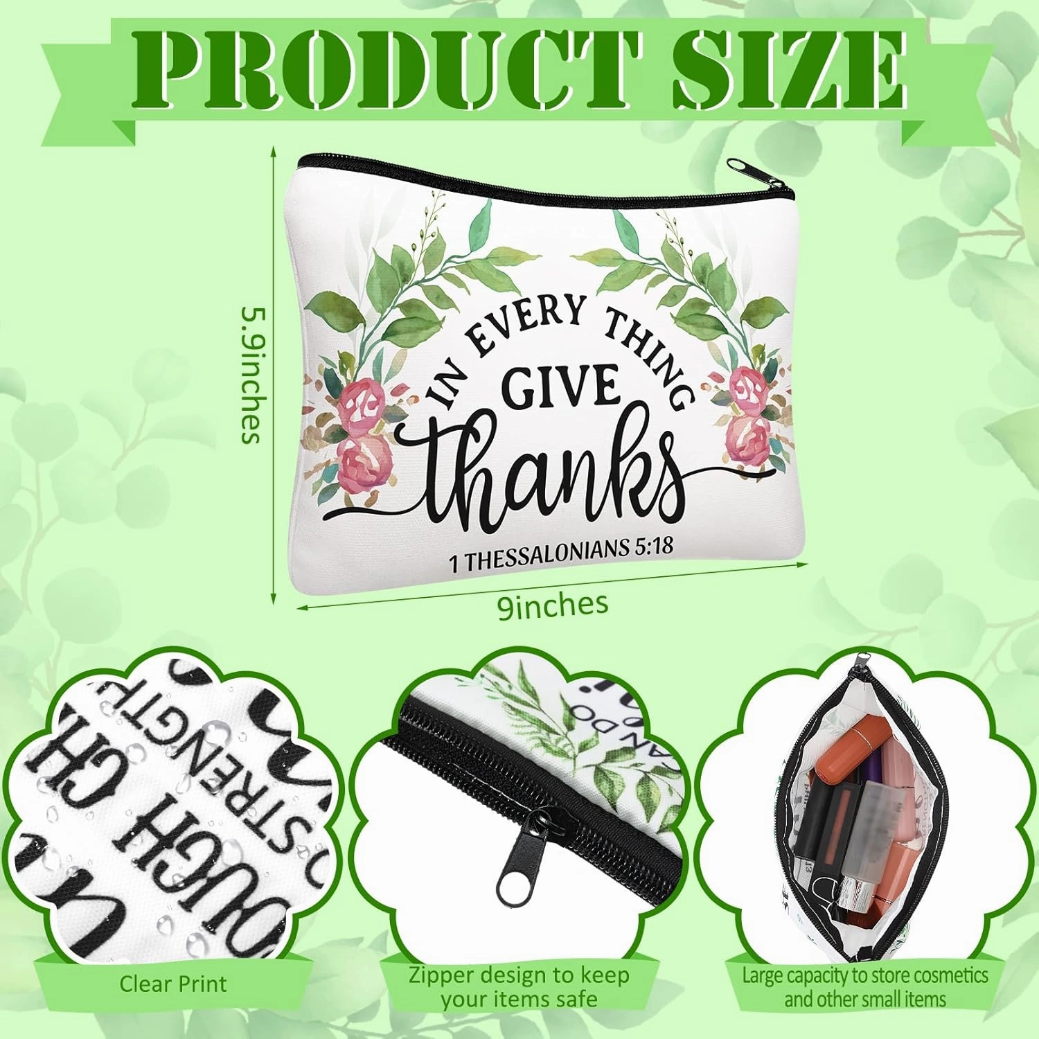 Pinkunn 16 Pcs Canvas Cosmetic Bag Bulk Inspirational Quotes Makeup Bags with Zipper Encouragement Travel Toiletry Pouch Appreciation Gift for Father's Day Graduation Summer Wedding(Bible Leaves)