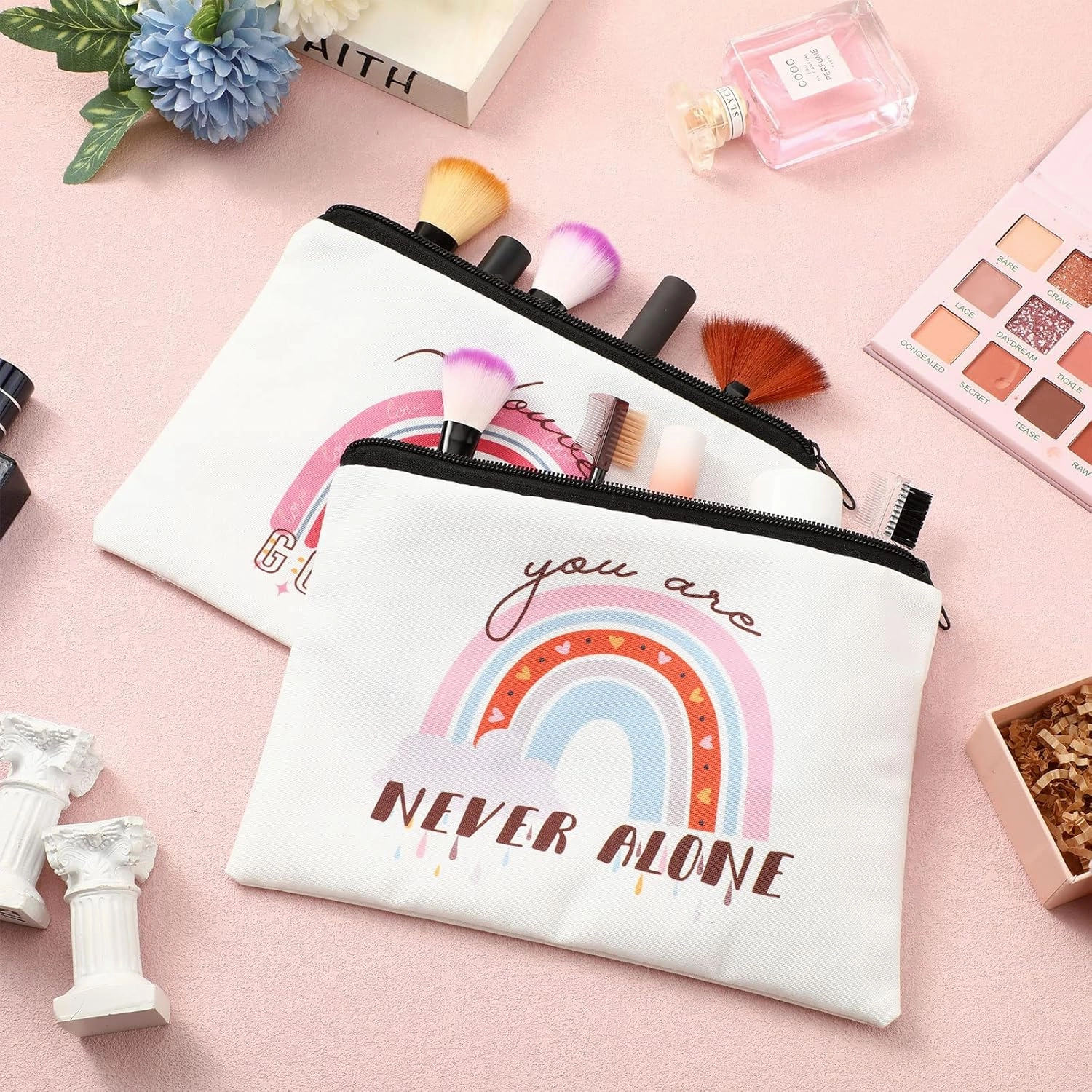 Pinkunn 16 Pcs Canvas Cosmetic Bag Bulk Inspirational Quotes Makeup Bags with Zipper Encouragement Travel Toiletry Pouch Appreciation Gift for Father's Day Graduation Summer Wedding(Rainbow)