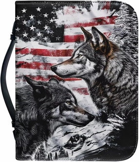 Poceacles American Flag Wolf Print Bible Cover for Women Men Bible Study Bag Bible Protective Large Size Bible Carrying Case Carrier Tote Bag Bible Hand Bag Bible Accessories, M