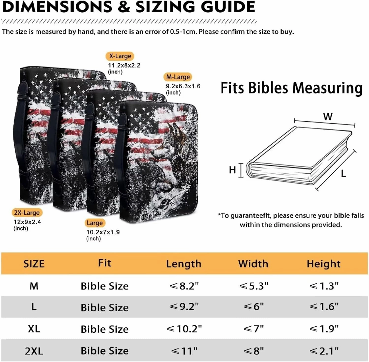 Poceacles American Flag Wolf Print Bible Cover for Women Men Bible Study Bag Bible Protective Large Size Bible Carrying Case Carrier Tote Bag Bible Hand Bag Bible Accessories, M