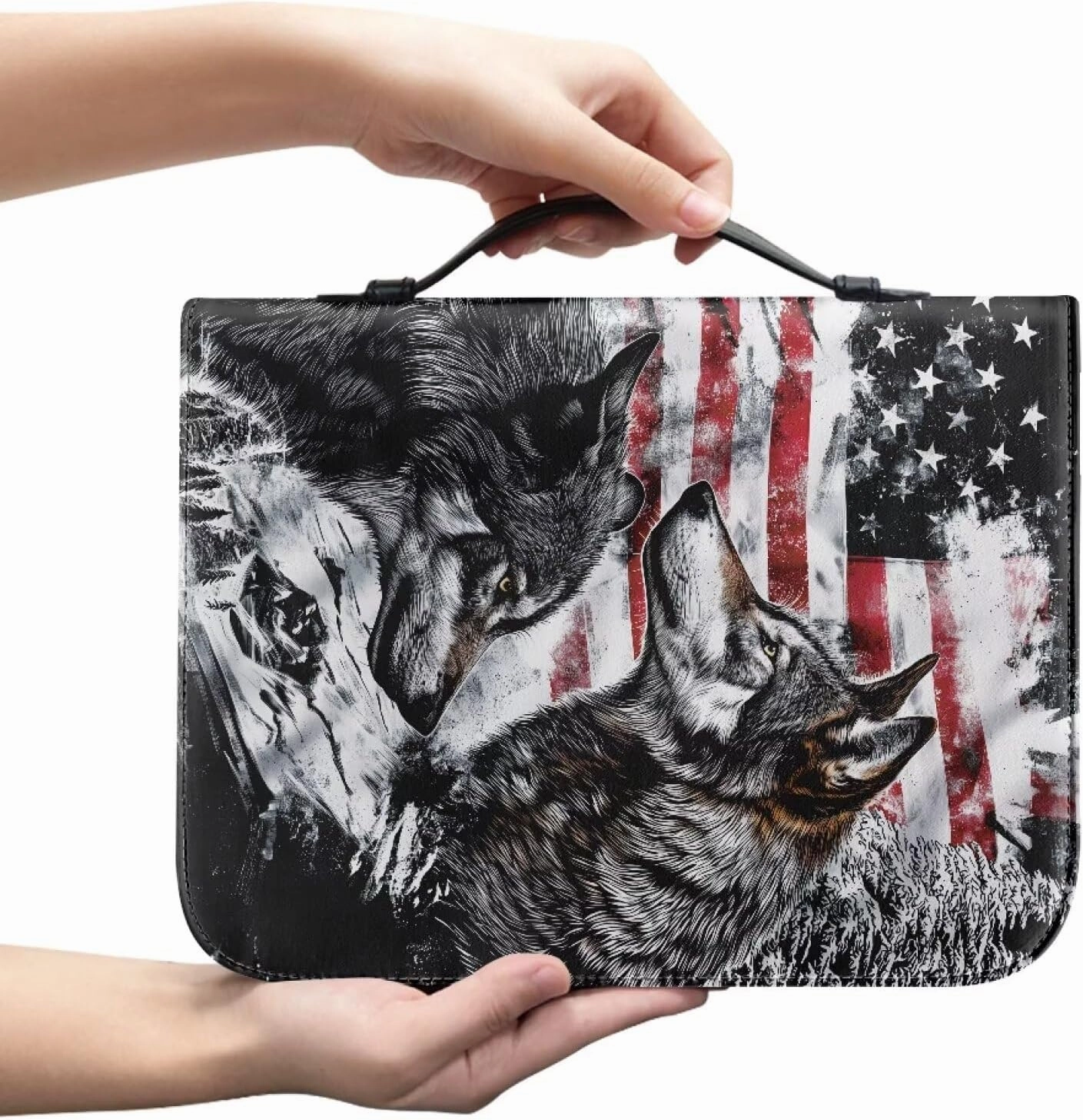 Poceacles American Flag Wolf Print Bible Cover for Women Men Bible Study Bag Bible Protective Large Size Bible Carrying Case Carrier Tote Bag Bible Hand Bag Bible Accessories, M