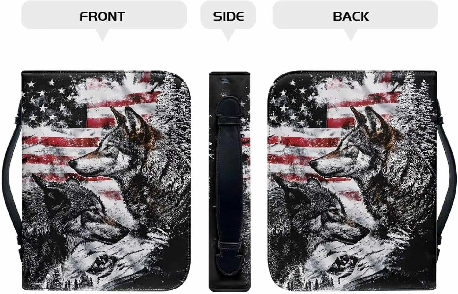 Poceacles American Flag Wolf Print Bible Cover for Women Men Bible Study Bag Bible Protective Large Size Bible Carrying Case Carrier Tote Bag Bible Hand Bag Bible Accessories, M