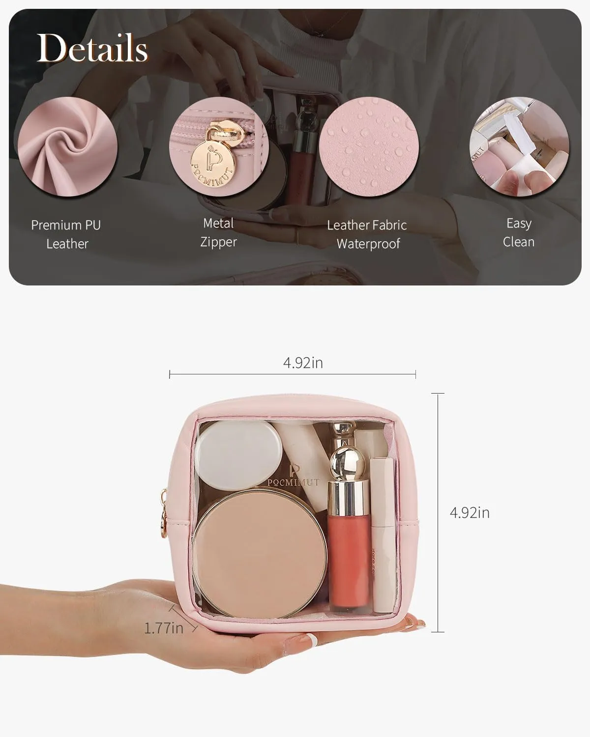 Pocmimut Mini Makeup Bag with Small Cosmetic Bag Travel Essentials Organizers,TSA Approved Toiletry Bag Makeup Pouch Clear Cosmetic Bags for Women,Pink
