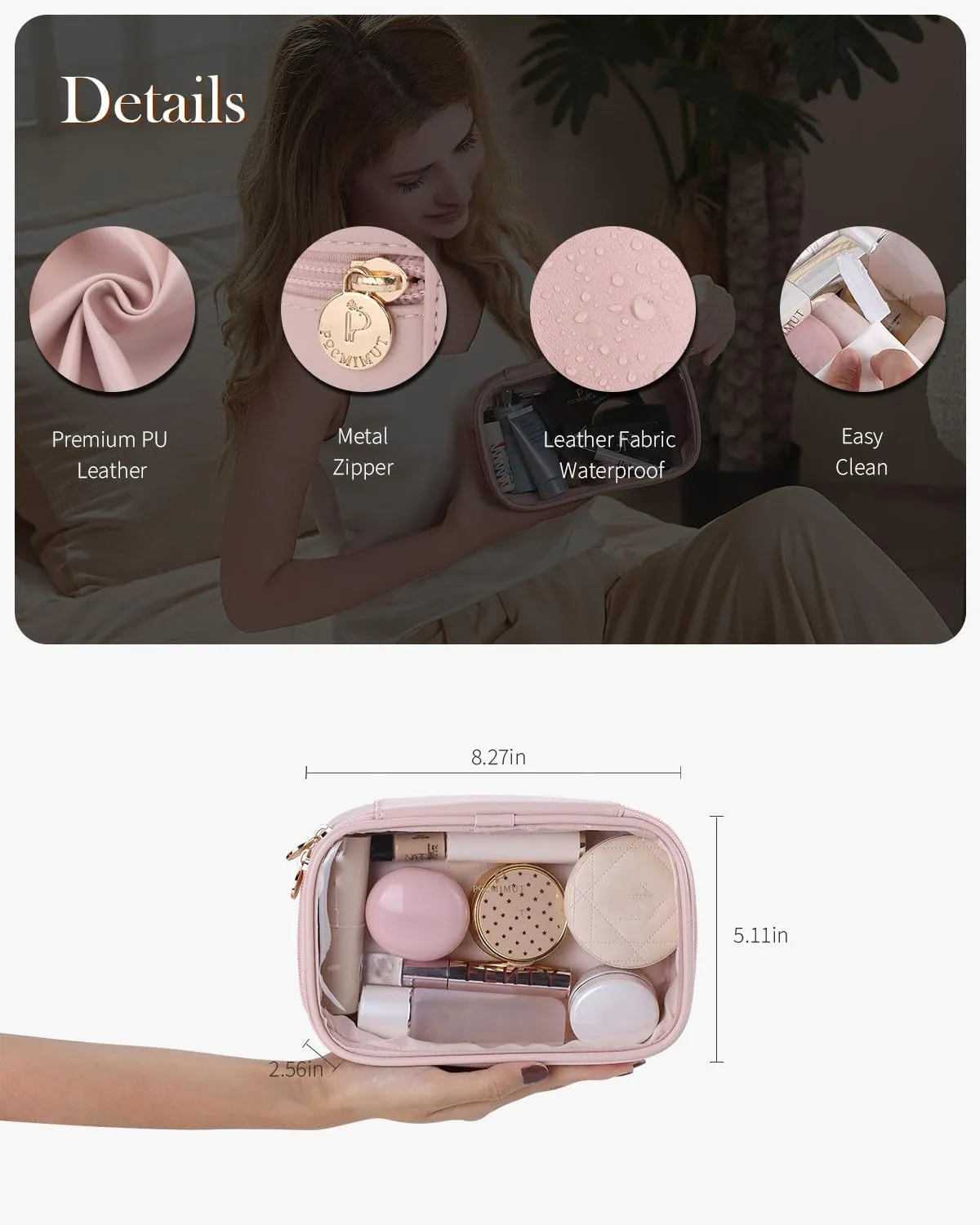 Pocmimut Mini Makeup Bag with Small Cosmetic Bag Travel Essentials Organizers,TSA Approved Toiletry Bag Makeup Pouch Clear Cosmetic Bags for Women,Pink