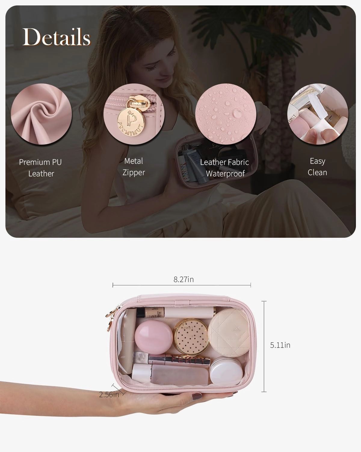 Pocmimut Mini Makeup Bag with Small Cosmetic Bag Travel Essentials Organizers,TSA Approved Toiletry Bag Makeup Pouch Clear Cosmetic Bags for Women,Beige