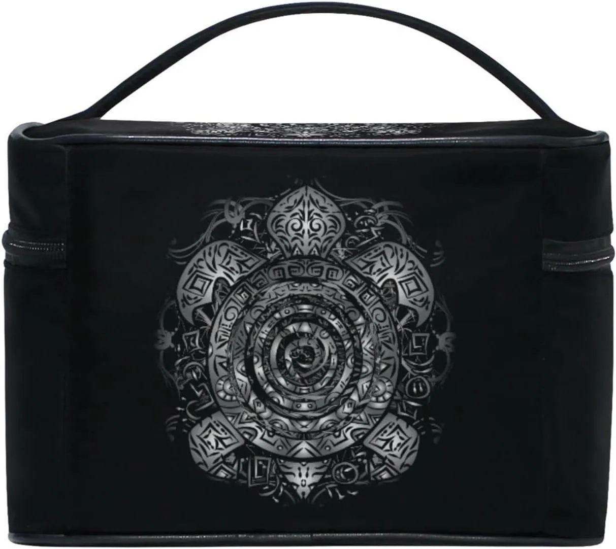 Polynesian Silver Tribal Sea Turtle Tattoo on Black Toned Maori Beauty Cosmetic with Zipper Brush Portable Storage Bag, Fashion printing Toiletry, Durable Travel Organizer Tote Unisex Gifts