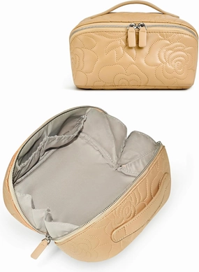 Popvibe Open Flat Makeup Bag Travel Cosmetic Case for Women, Large Capacity Toiletry Travel Bag with Zipper, Portable Aesthetic Floral Make Up Organizer Pouch for Toiletries, Makeup Brush Camel Medium