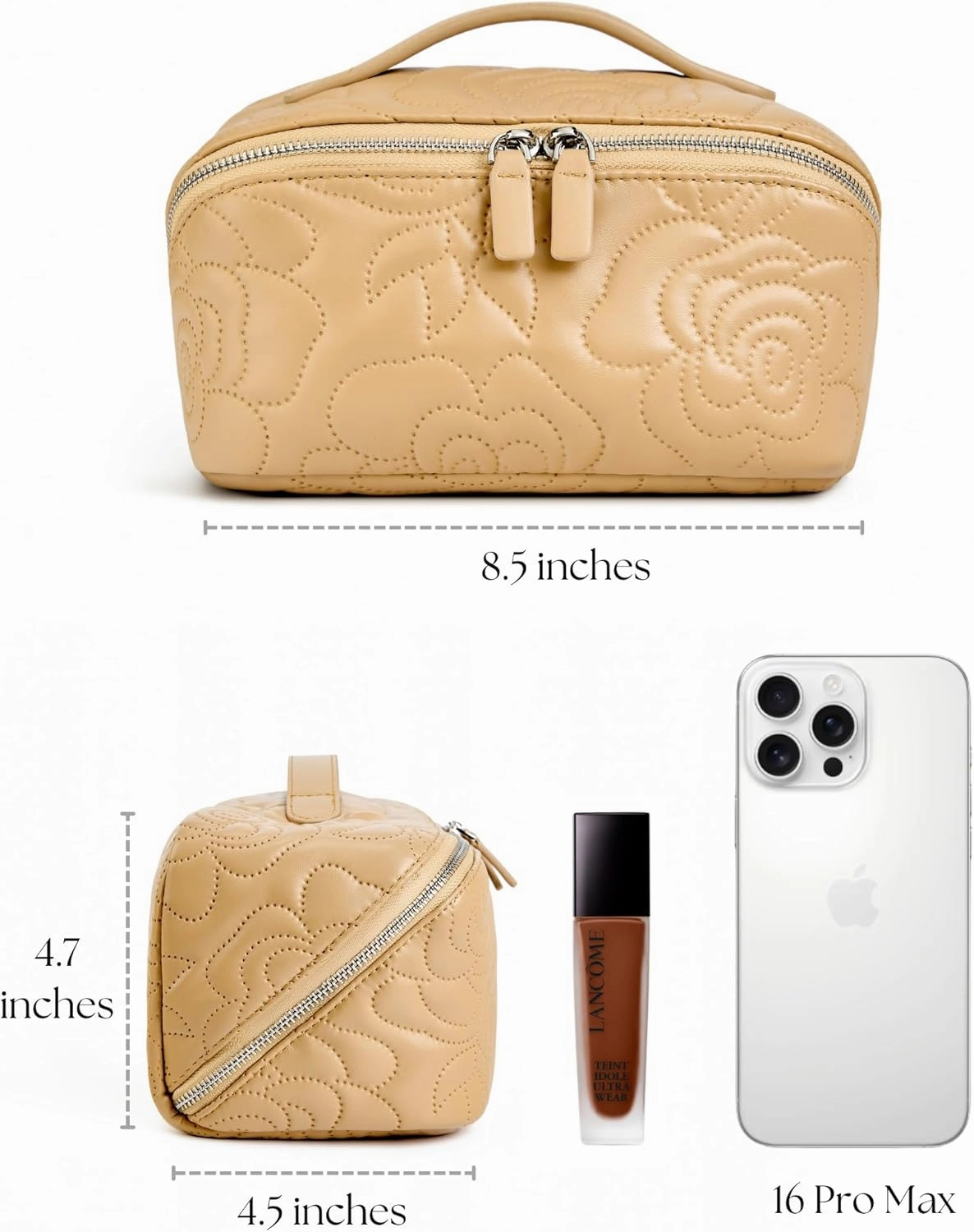 Popvibe Open Flat Makeup Bag Travel Cosmetic Case for Women, Large Capacity Toiletry Travel Bag with Zipper, Portable Aesthetic Floral Make Up Organizer Pouch for Toiletries, Makeup Brush Camel Medium