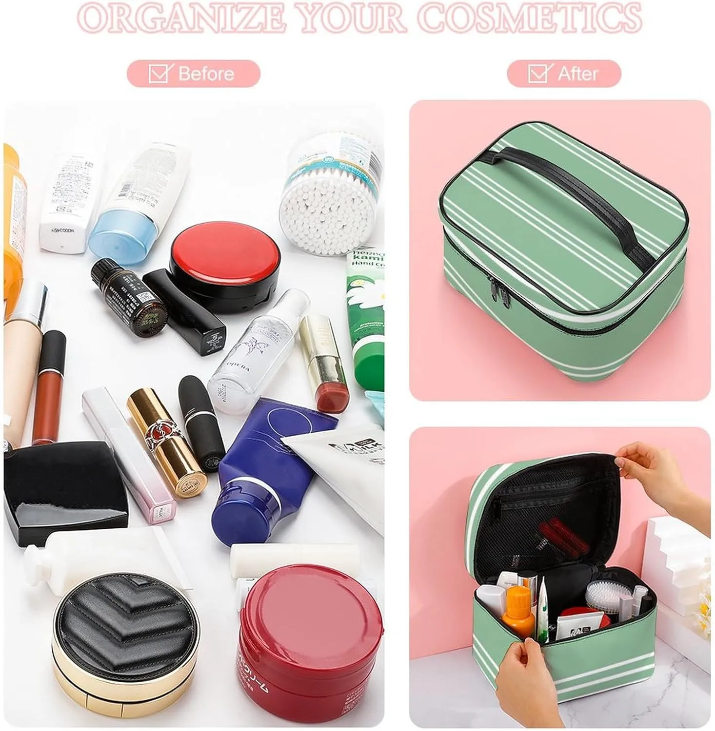 Portable Make Bag, Green Stripes Cosmetic Case Portable Cosmetic Portable Organizer for Men & Women