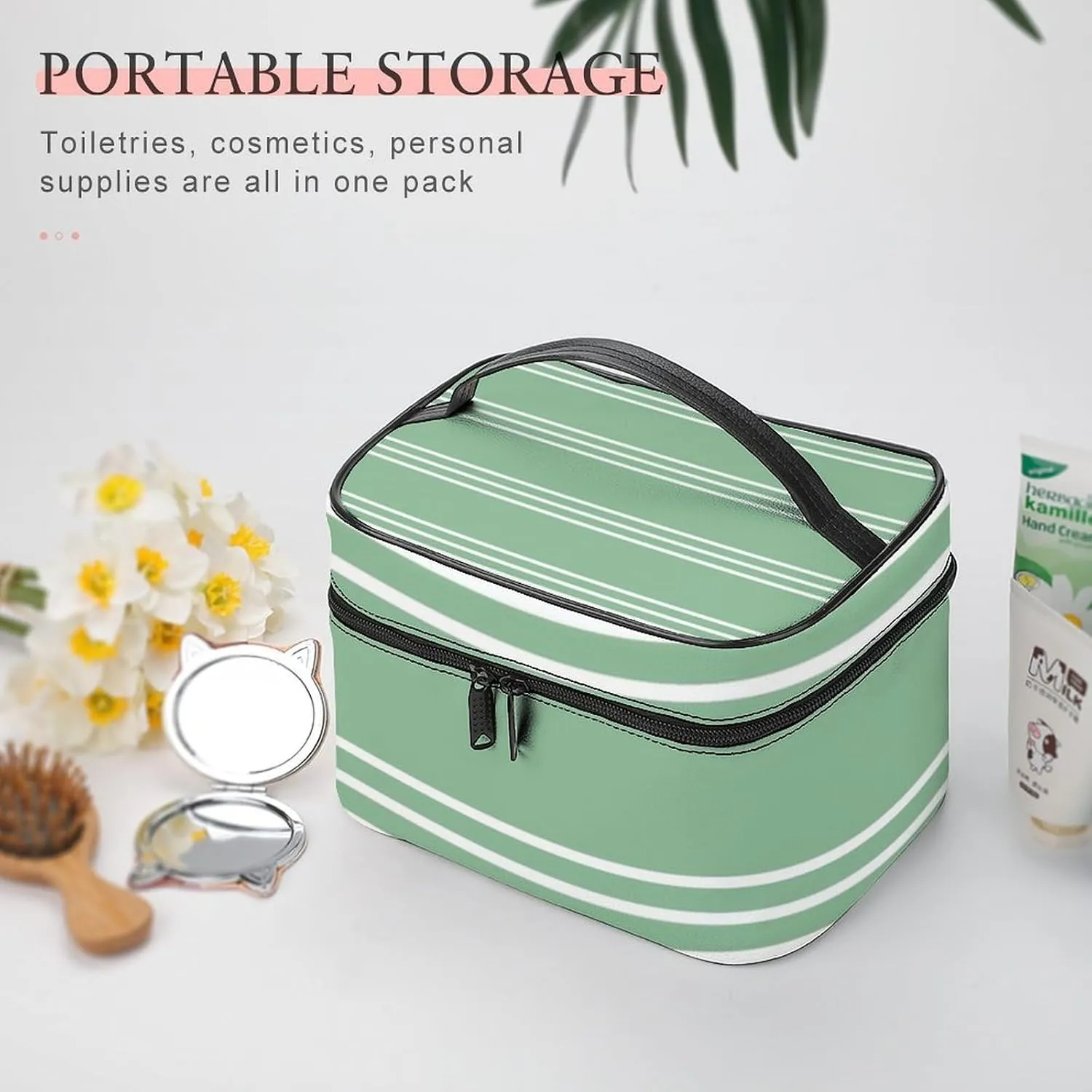 Portable Make Bag, Green Stripes Cosmetic Case Portable Cosmetic Portable Organizer for Men & Women