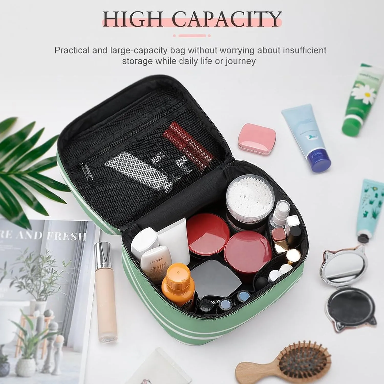 Portable Make Bag, Green Stripes Cosmetic Case Portable Cosmetic Portable Organizer for Men & Women