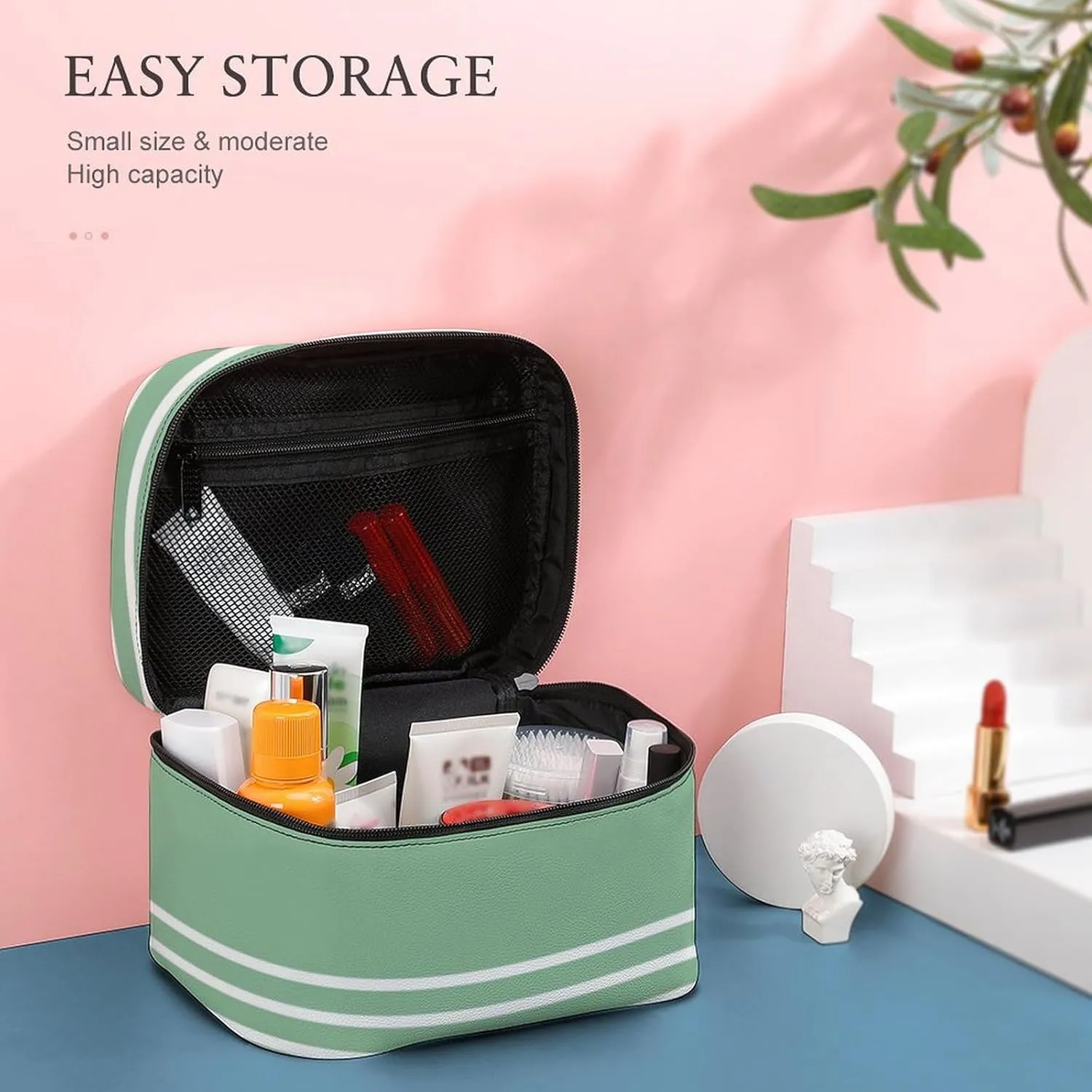 Portable Make Bag, Green Stripes Cosmetic Case Portable Cosmetic Portable Organizer for Men & Women