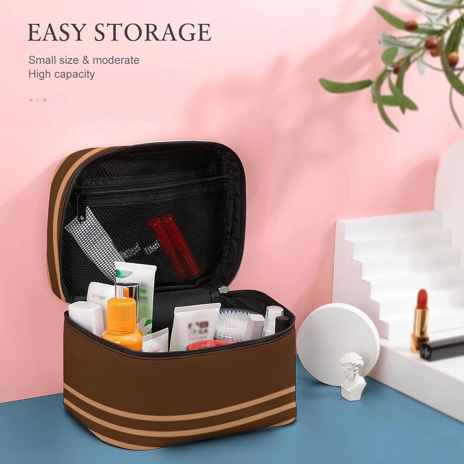 Portable Make Bag, Chocolate Stripes Cosmetic Case Portable Cosmetic Portable Organizer for Men & Women
