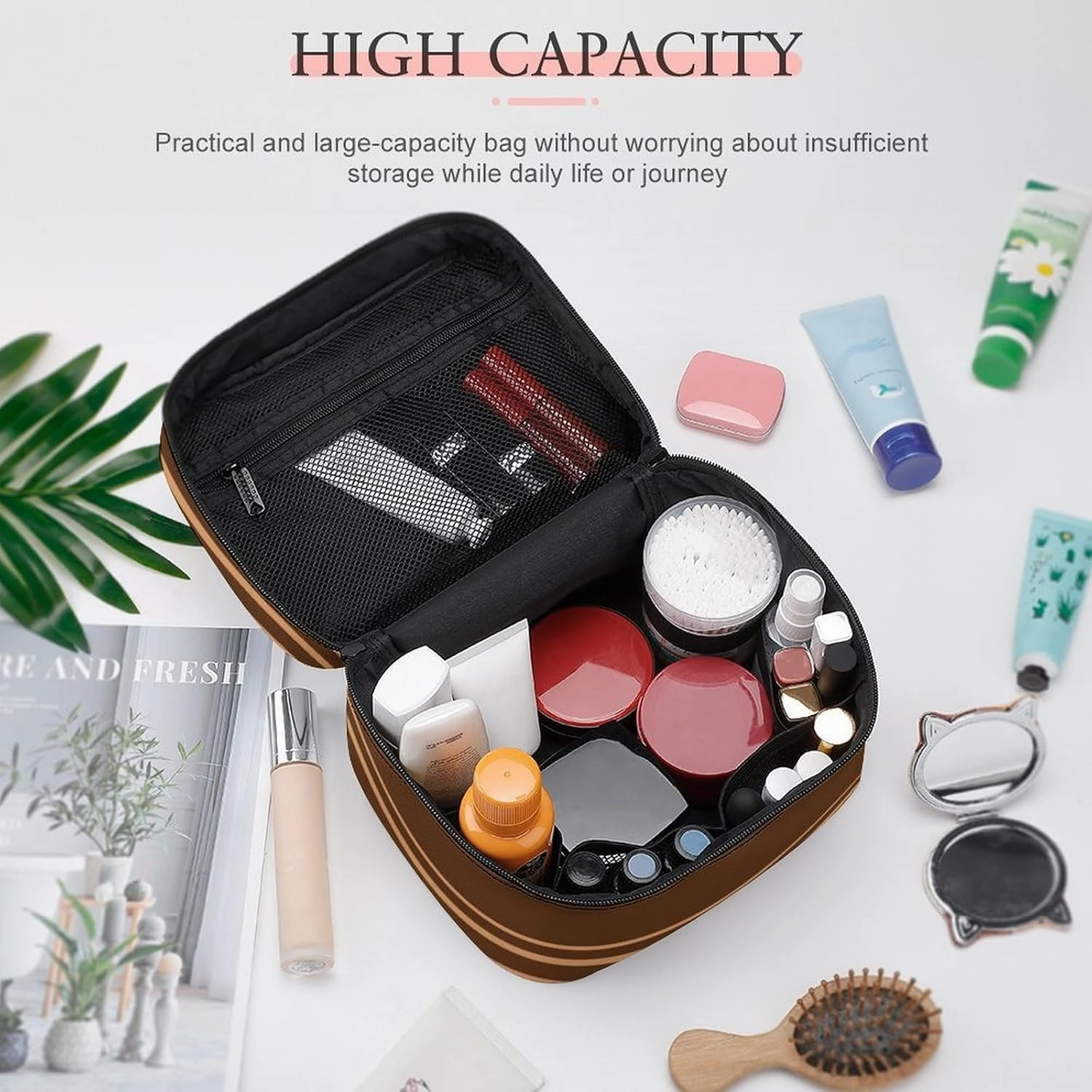 Portable Make Bag, Chocolate Stripes Cosmetic Case Portable Cosmetic Portable Organizer for Men & Women