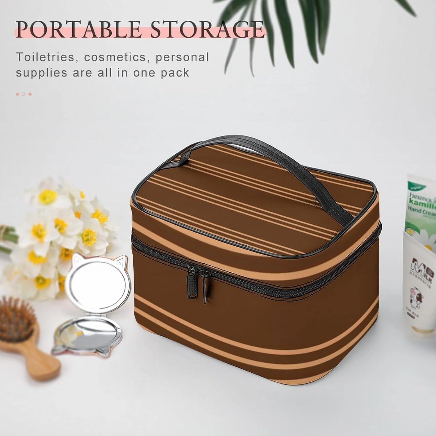 Portable Make Bag, Chocolate Stripes Cosmetic Case Portable Cosmetic Portable Organizer for Men & Women