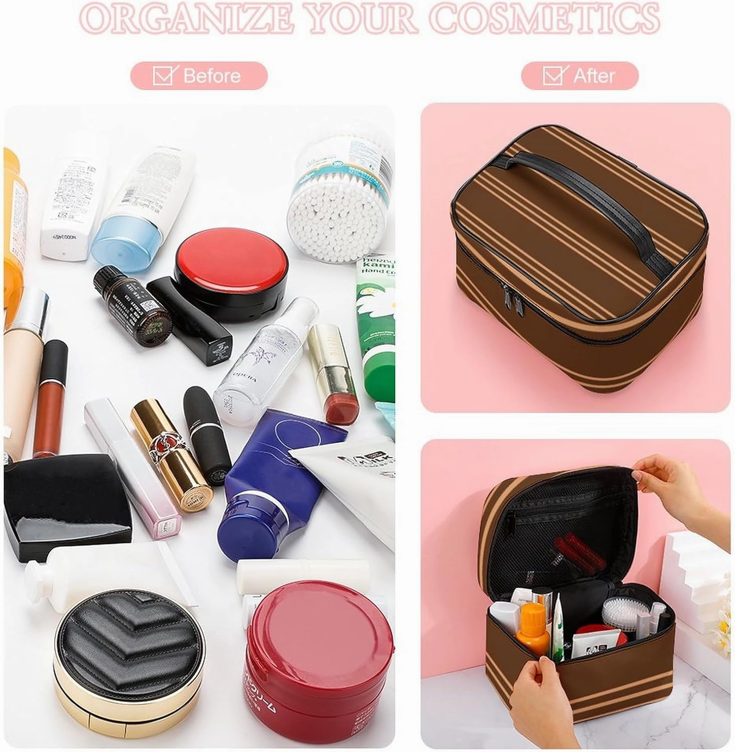Portable Make Bag, Chocolate Stripes Cosmetic Case Portable Cosmetic Portable Organizer for Men & Women