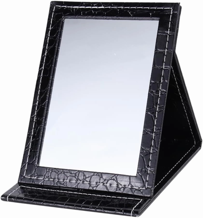 Portable Makeup Mirror with Fill Light PU Leather Vanity Mirror Black for Travel and Daily Use Durable Design for Makeup Application