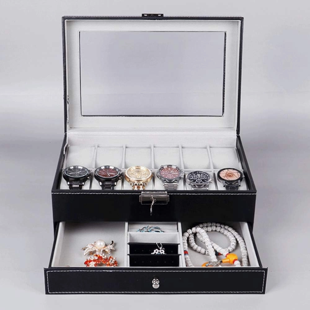 Portable Simple Jewelry Organizer Pu Leather Double Cosmetic Case Watch Earrings Necklace Display Storage Box For Women (Black)