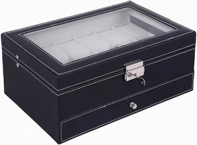 Portable Simple Jewelry Organizer Pu Leather Double Cosmetic Case Watch Earrings Necklace Display Storage Box For Women (Black)
