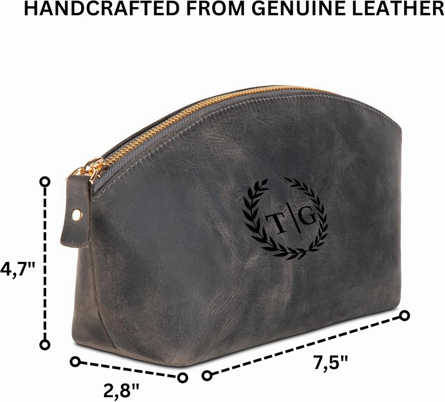 Premium Personalized Genuine Leather Cosmetic Makeup Bag - Wedding Gift for Bridesmaid, Travel Organizer Clutch for Women with Zipper Pouch for Toiletry Essentials (Gray)