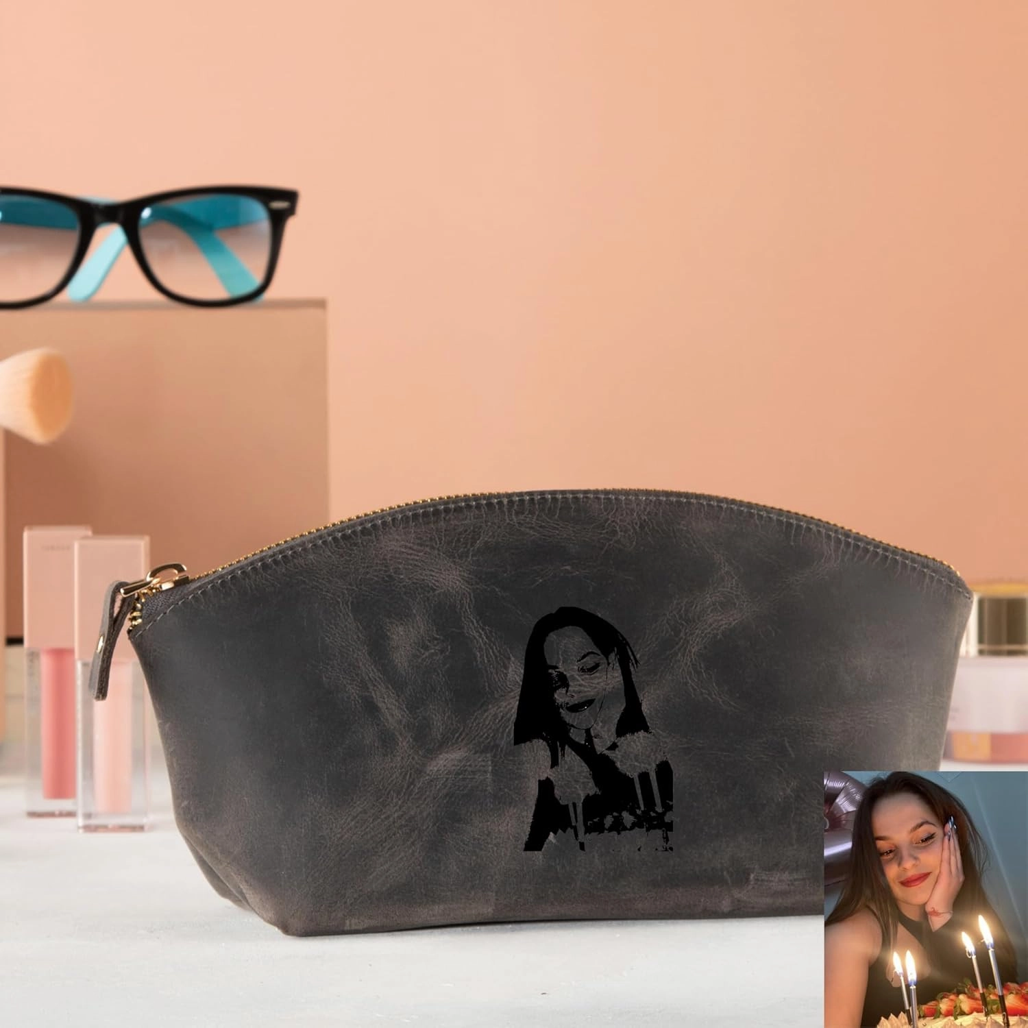 Premium Personalized Genuine Leather Cosmetic Makeup Bag - Wedding Gift for Bridesmaid, Travel Organizer Clutch for Women with Zipper Pouch for Toiletry Essentials (Gray)