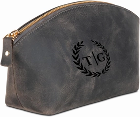 Premium Personalized Genuine Leather Cosmetic Makeup Bag - Wedding Gift for Bridesmaid, Travel Organizer Clutch for Women with Zipper Pouch for Toiletry Essentials (Gray)