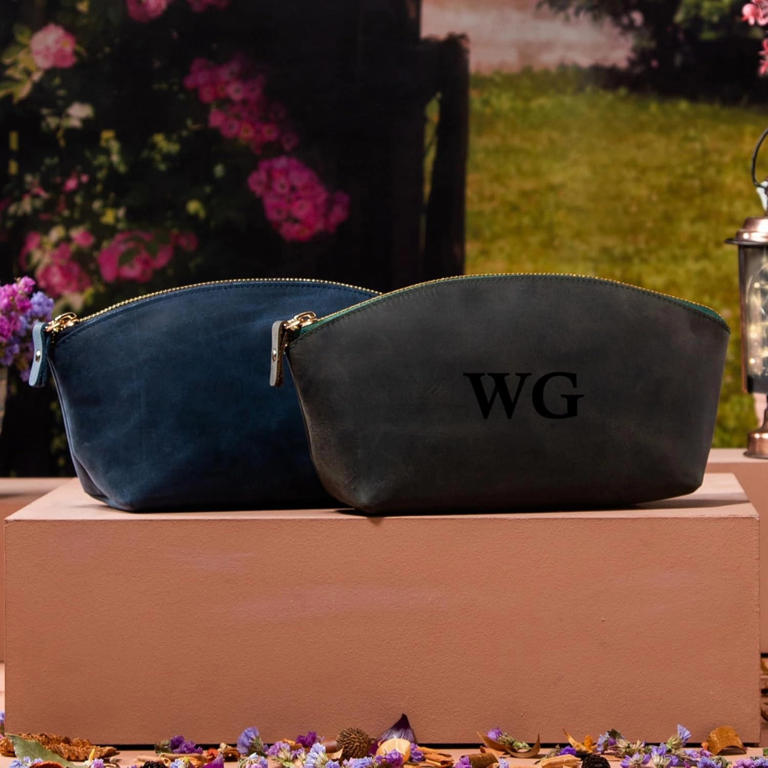 Premium Personalized Genuine Leather Cosmetic Makeup Bag - Wedding Gift for Bridesmaid, Travel Organizer Clutch for Women with Zipper Pouch for Toiletry Essentials (Gray)