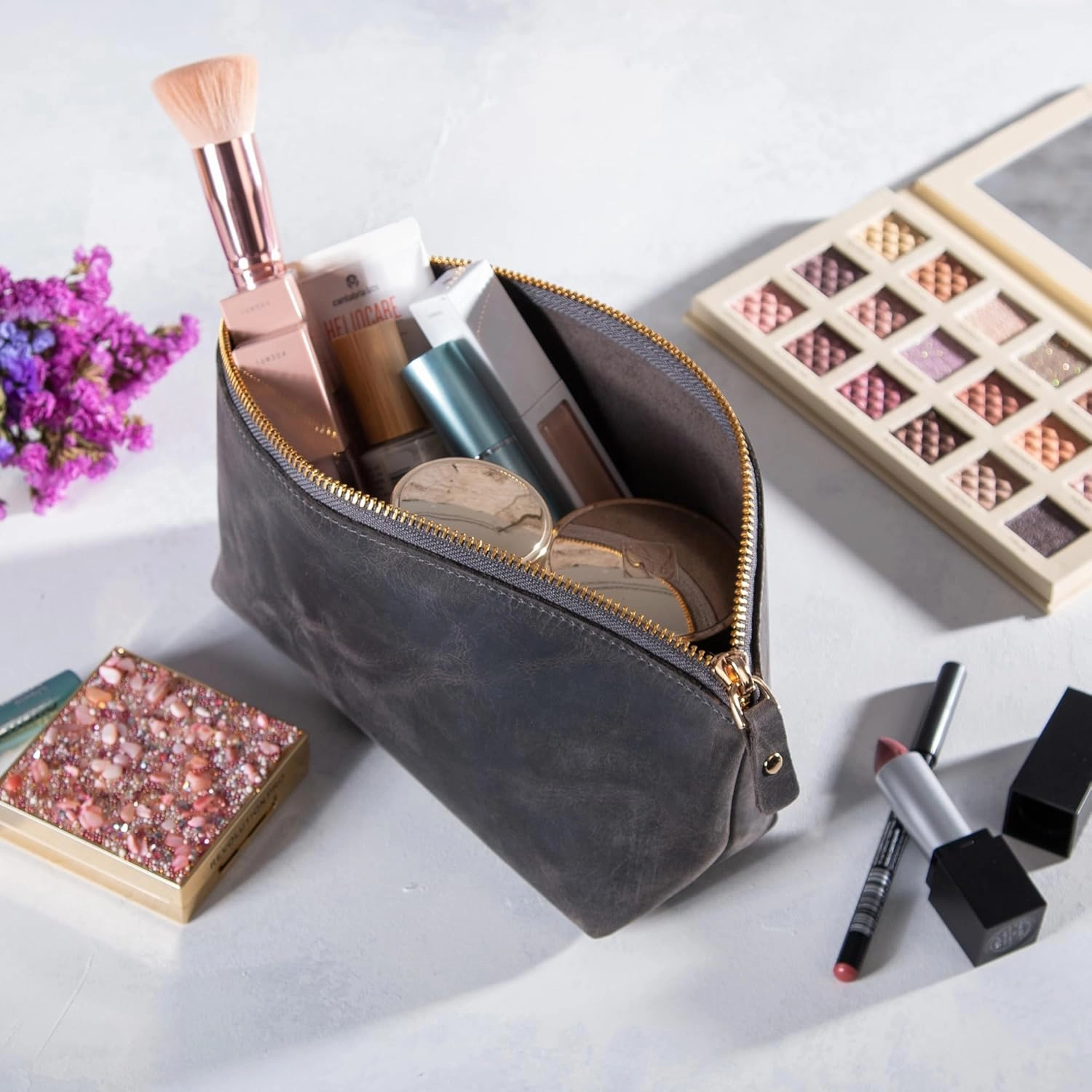 Premium Personalized Genuine Leather Cosmetic Makeup Bag - Wedding Gift for Bridesmaid, Travel Organizer Clutch for Women with Zipper Pouch for Toiletry Essentials (Gray)