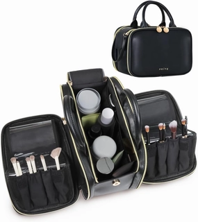 Prite Makeup Bag for Women, Large Capacity Waterproof Travel Cosmetic Organizer, Portable Open Flat Toiletry Bag with Free-standing Brush Holder and Handle(Black Large)