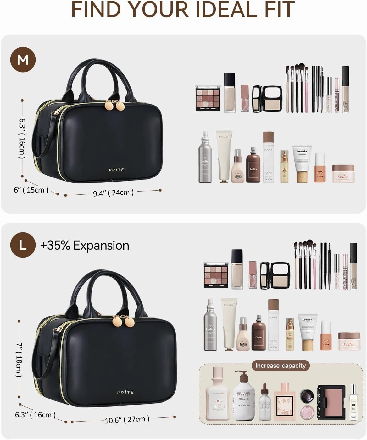 Prite Makeup Bag for Women, Large Capacity Waterproof Travel Cosmetic Organizer, Portable Open Flat Toiletry Bag with Free-standing Brush Holder and Handle(Black Large)