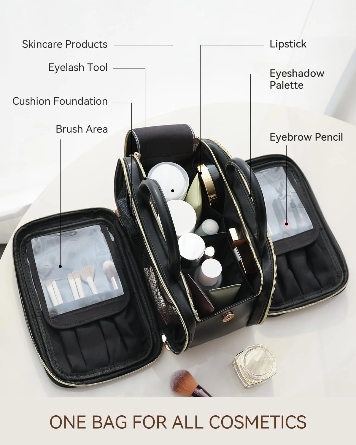 Prite Makeup Bag for Women, Large Capacity Waterproof Travel Cosmetic Organizer, Portable Open Flat Toiletry Bag with Free-standing Brush Holder and Handle(Black Large)