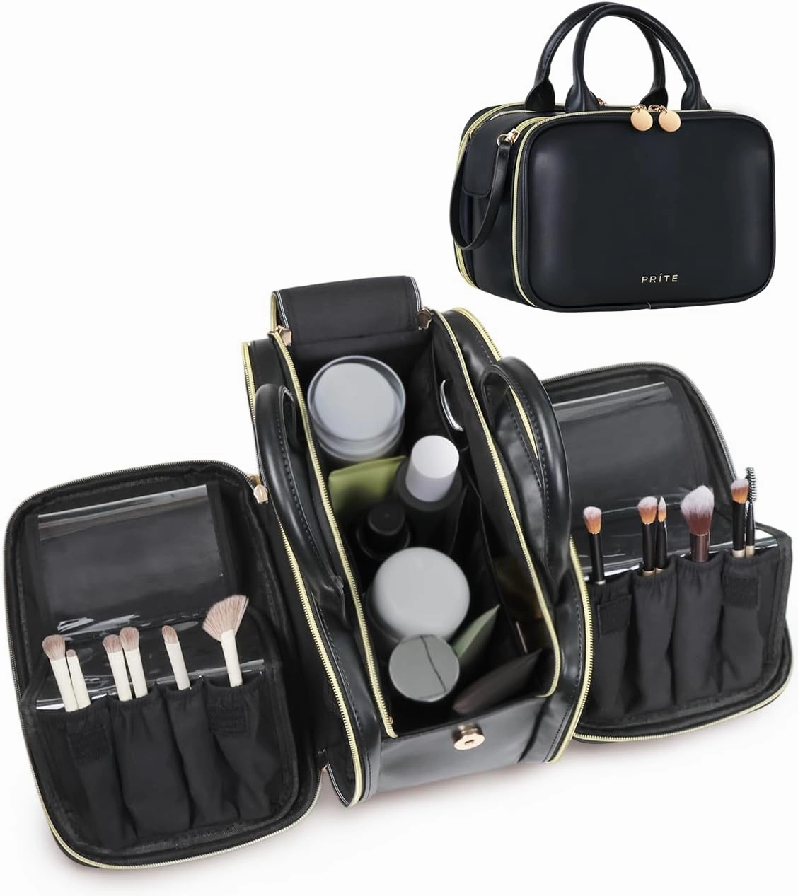 Prite Makeup Bag for Women, Large Capacity Waterproof Travel Cosmetic Organizer, Portable Open Flat Toiletry Bag with Free-standing Brush Holder and Handle(Black Large)