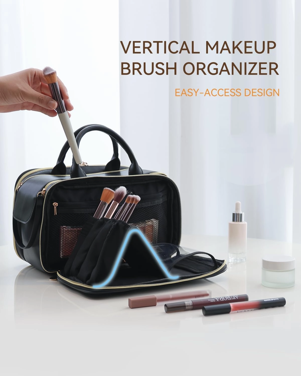 Prite Makeup Bag for Women, Large Capacity Waterproof Travel Cosmetic Organizer, Portable Open Flat Toiletry Bag with Free-standing Brush Holder and Handle(Black Large)
