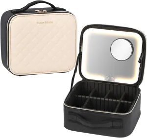 PU Cosmetics Train Case with Removeable LED Lighted Mirror Rechargeable 3 Color Lights Adjustable Brightness Portable Makeup Artist Organizer with Adjustable Dividers (White)