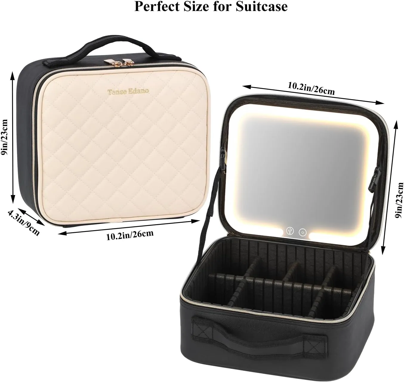 PU Cosmetics Train Case with Removeable LED Lighted Mirror Rechargeable 3 Color Lights Adjustable Brightness Portable Makeup Artist Organizer with Adjustable Dividers (White)