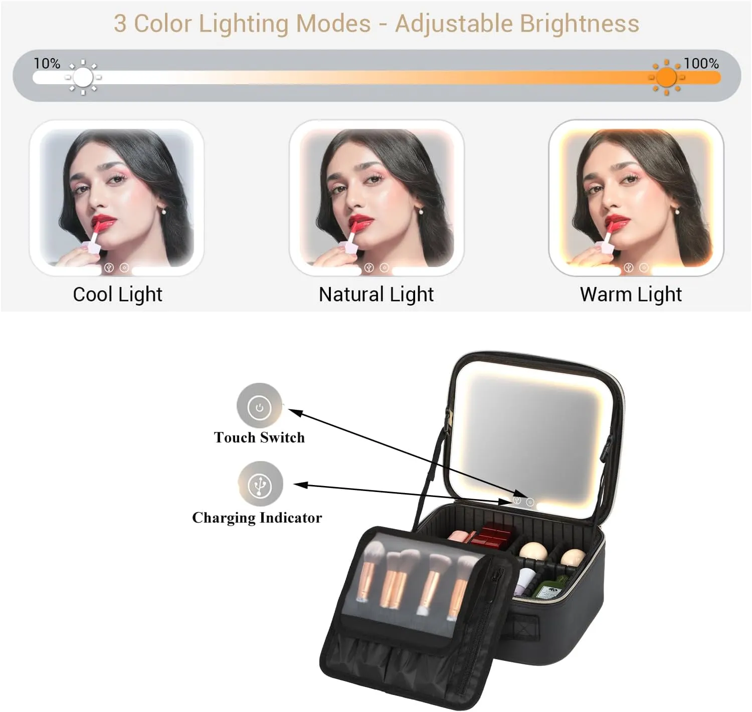 PU Cosmetics Train Case with Removeable LED Lighted Mirror Rechargeable 3 Color Lights Adjustable Brightness Portable Makeup Artist Organizer with Adjustable Dividers (White)