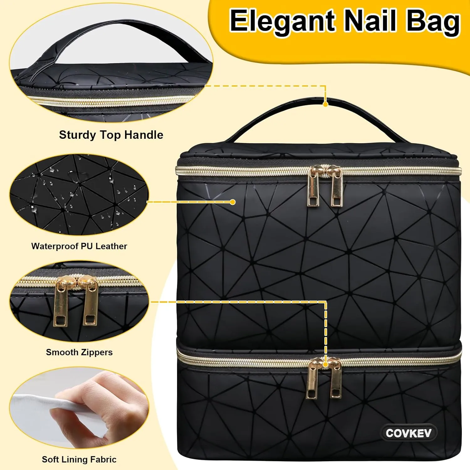 PU Leather Nail Polish Organizer Bag Holds Nail Lamp& 30 Bottles (15ml-0.5 fl.oz), Portable Travel Nail Kit Storage Carrying Case, Double Layer Nail Supplies Organizer Handbag (Elegant Black)