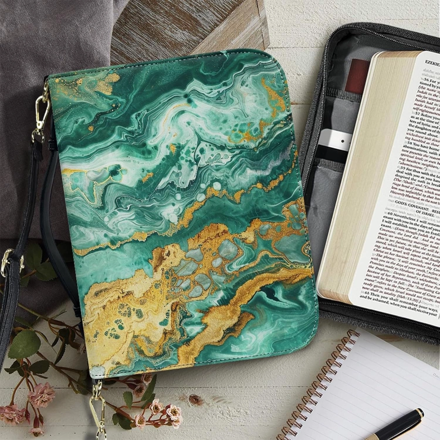 PU Leather Bible Cover for Women Men Bible Case with Handle and Shoulder Strap