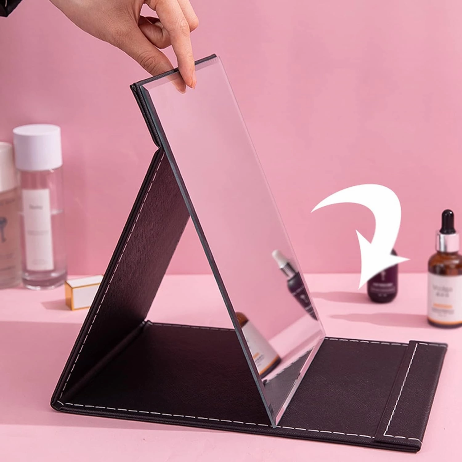 PU Leather Folding Makeup Mirror Table Mirror, Desktop Makeup Mirror,Travel Makeup Mirror,for Personal Office Travelling,Travel Makeup Mirror With Adjustable Stand,Folding Mirror,red Make-up mirror wi
