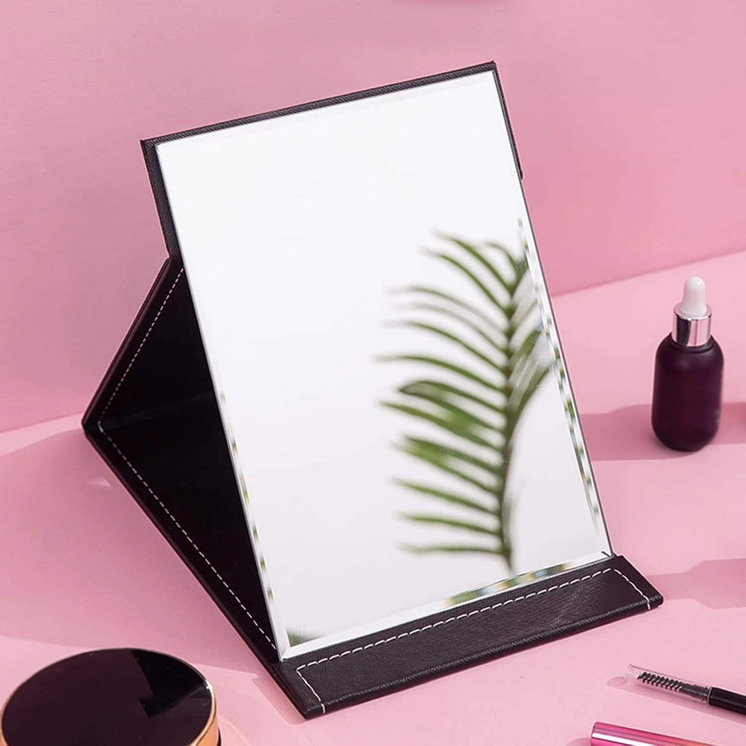 PU Leather Folding Makeup Mirror Table Mirror, Desktop Makeup Mirror,Travel Makeup Mirror,for Personal Office Travelling,Travel Makeup Mirror With Adjustable Stand,Folding Mirror,red Make-up mirror wi