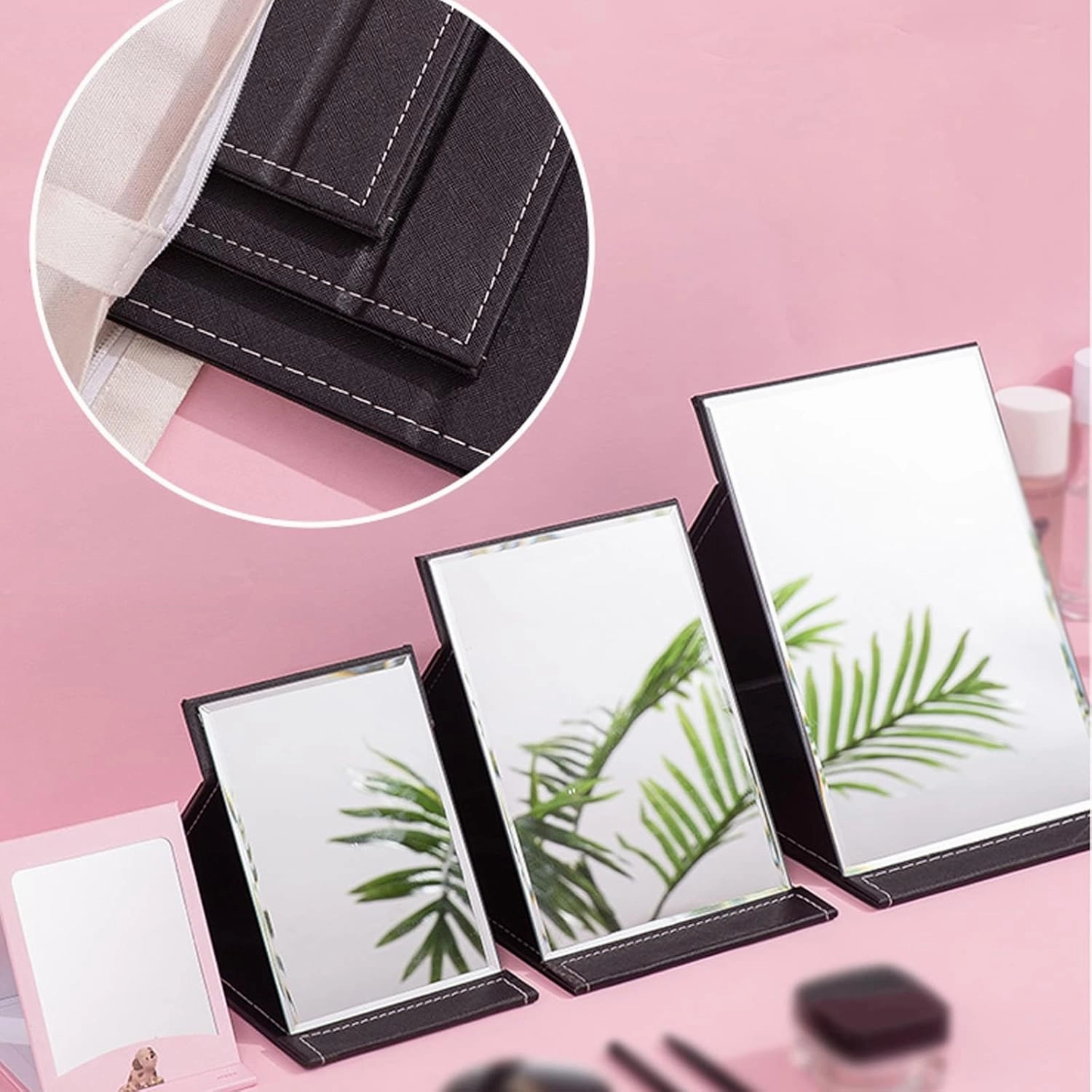 PU Leather Folding Makeup Mirror Table Mirror, Desktop Makeup Mirror,Travel Makeup Mirror,for Personal Office Travelling,Travel Makeup Mirror With Adjustable Stand,Folding Mirror,red Make-up mirror wi