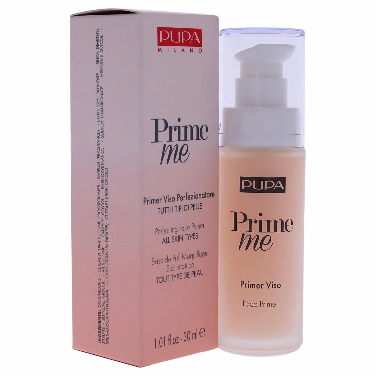 PUPA Milano Prime Me Perfecting Face Primer - Pre Make-Up Face Base - Visibly Minimises Expression Lines, Pores And Imperfections - Lightweight Texture - For All Skin Types - 001 Universal - 1.01 Oz