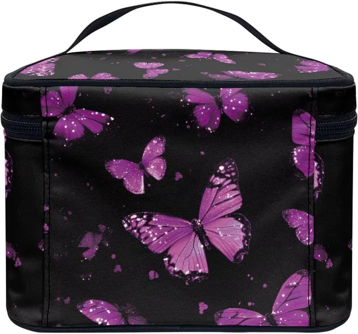 Purple Butterfly Travel Makeup Bag, Large Capacity Cosmetic Bag with Hidden Compartmen Lightweight Pu Leather Black Makeup Handbag